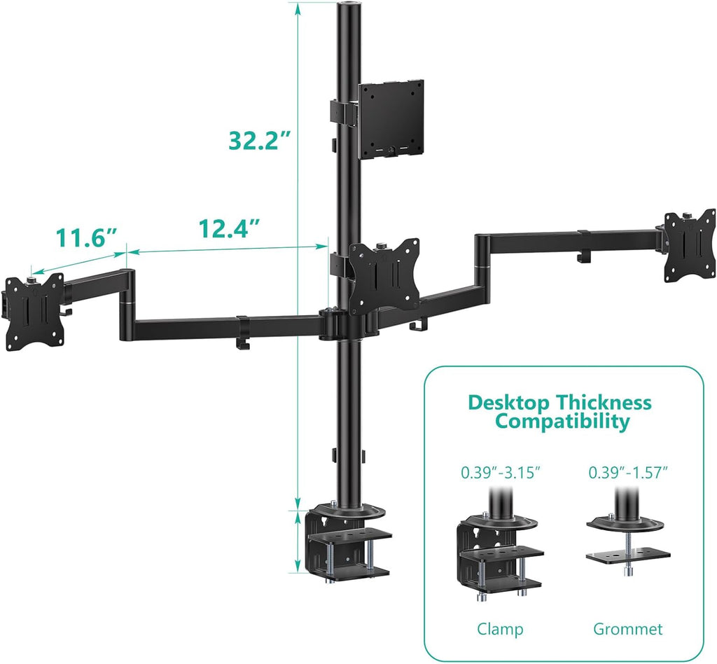 WALI Quad Monitor Mount for up to 49 inch Ultrawides on Top Bracket and 27 inch Screens on Lower Brackets, Extra Tall 4 Monitor Stand, Heavy Duty Monitors Arm up to 44 lbs (M004S-P), Black