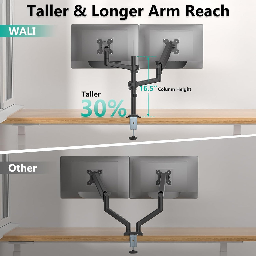 WALI Dual Monitor Mount, 13-32 Inch Adjustable Spring Dual Monitor Arm for Desk Holds Max 19.8 lbs Screens, Swivel Vesa Bracket with C Clamp, Grommet Mounting, Monitor Arms for 2 Monitors (GSDM002)