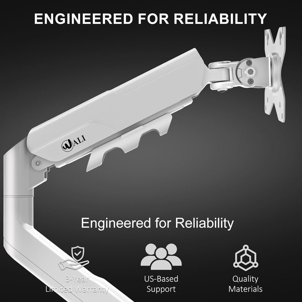 WALI Single Monitor Arm with Desk Mount for 17–49 Inch Screens – Holds Up to 33 lbs, Fully Adjustable VESA Monitor Stand, Heavy Duty Gas Spring for Gaming & Home Office (GSM001XLNW),White