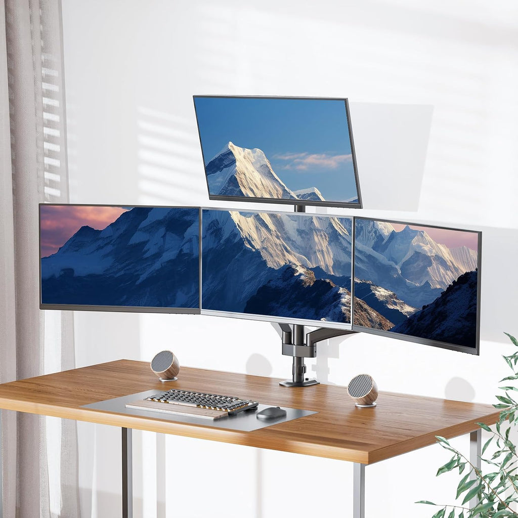 WALI Stacked 4 Monitor Mount for 13-27 inch Screens, 19.8 lbs per Arm | Tall Quad Monitor Stand for Desk, Full Motion with Tilt, Swivel, C-Clamp & Grommet Base, VESA 75/100mm (GSDM004S), Black
