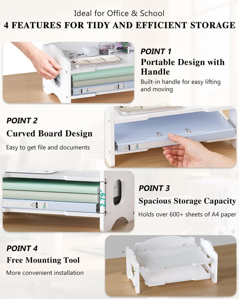 WALI Desk File Organizer, 2 Tier Stackable Desktop Paper Letter Tray Organizer with Handle, Office Desk Accessories & Workspace Organizers for Office, Home, School Supplies, 1 Pack, White
