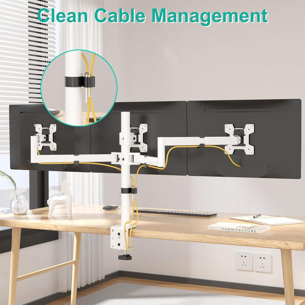 WALI Triple Monitor Mount, Three Monitor Desk Mount Fits 13-27in Screens, Holds up to 22lbs, Multiple Computer Stand with Tilt, Swivel, Rotation, VESA 75x75,100x100mm(M003S-W), White