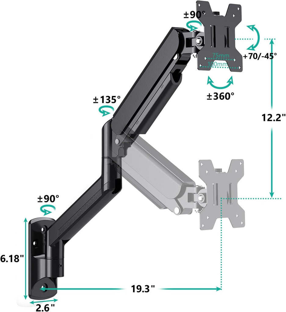 WALI Computer Monitor Wall Mount for 17 to 32 Inch Screens, Single Monitors Mount Holds up to 22lbs, Fully Adjustable Gas Spring Wall Mount Monitor Arm, 75x75/100x100mm VESA Mount (GSWM001), Black
