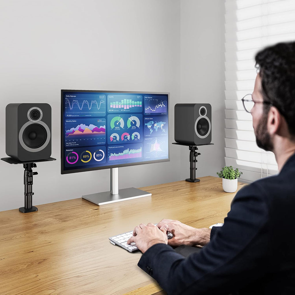 WALI Studio Monitor and Speaker Stand, Clamp-on Desktop Stand Set of 2, Height Adjustable Universal Audio Holder for Bookshelf Speakers Laptops Projectors (SDS003), Black