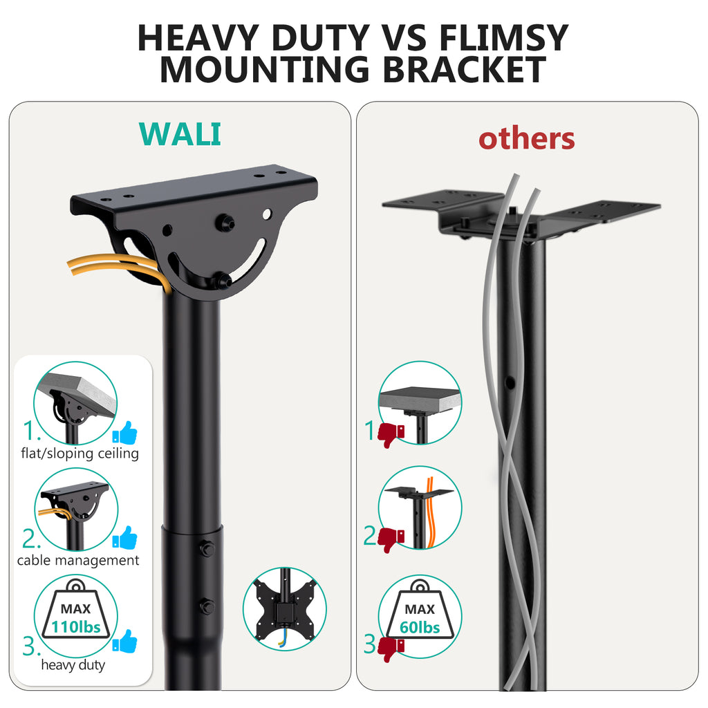 WALI Long Arm TV Ceiling Mount, Fits Most LED, LCD, OLED and Plasma Flat Screen Display 26 to 65 Inch, up to 110 Lbs, Height Extension up to 58 Inch, Mounting Holes up to 400x400mm (CM2665XL), Black