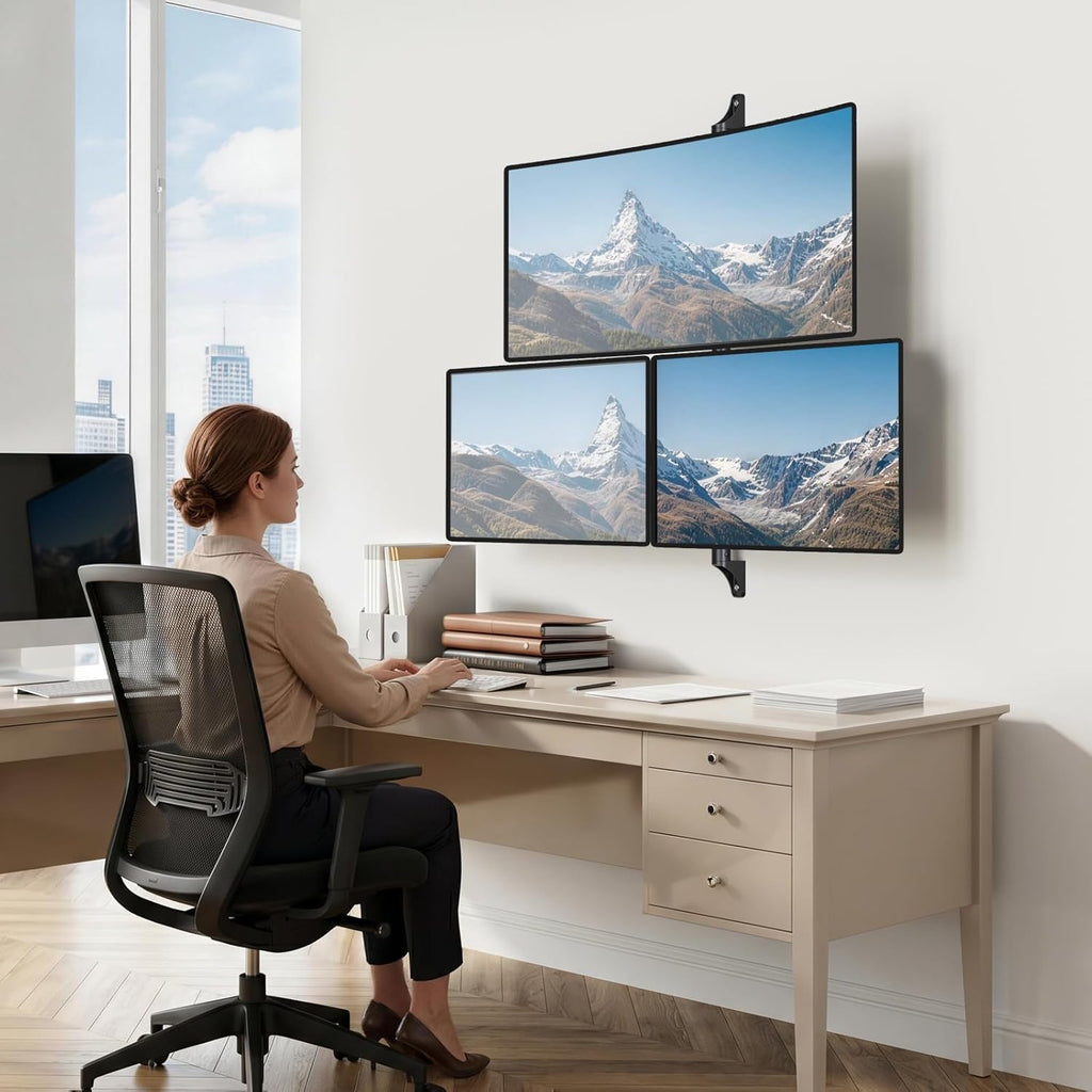 WALI Triple Monitor Wall Mount for 13 to 49 Inch, 3 Monitor Wall Mount Computer Monitor Arm for Ultrawides Screens, Swivel Tilt Wall Mount with VESA 75/100 mm, Per Arm Holds Up to 22lbs