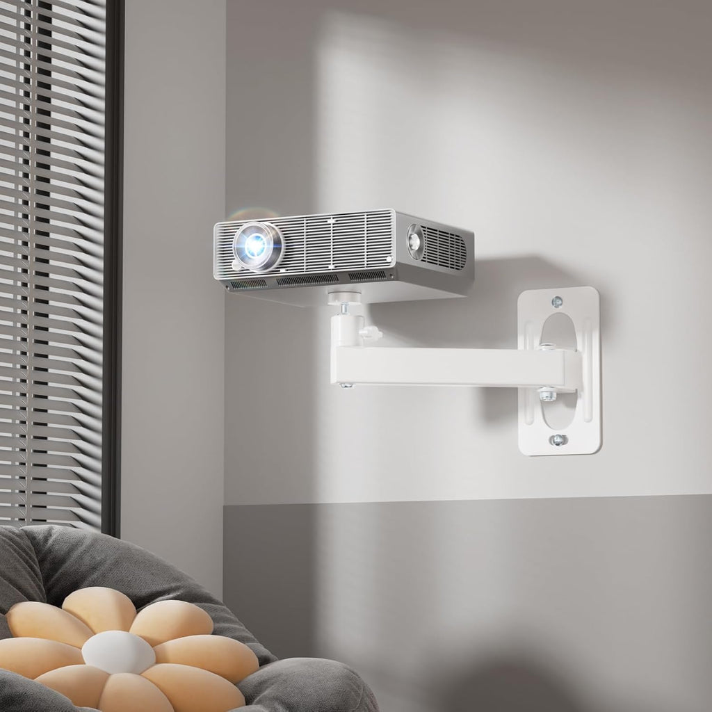 WALI Mini Porjector Wall Mount, Wall Projector Mount for 1/4" M4 M6 Screws, Fully Adjustable Projector Hanging Bracket Ceiling Mount Holder Holds up 22lbs, White (1330LM-PMWS)