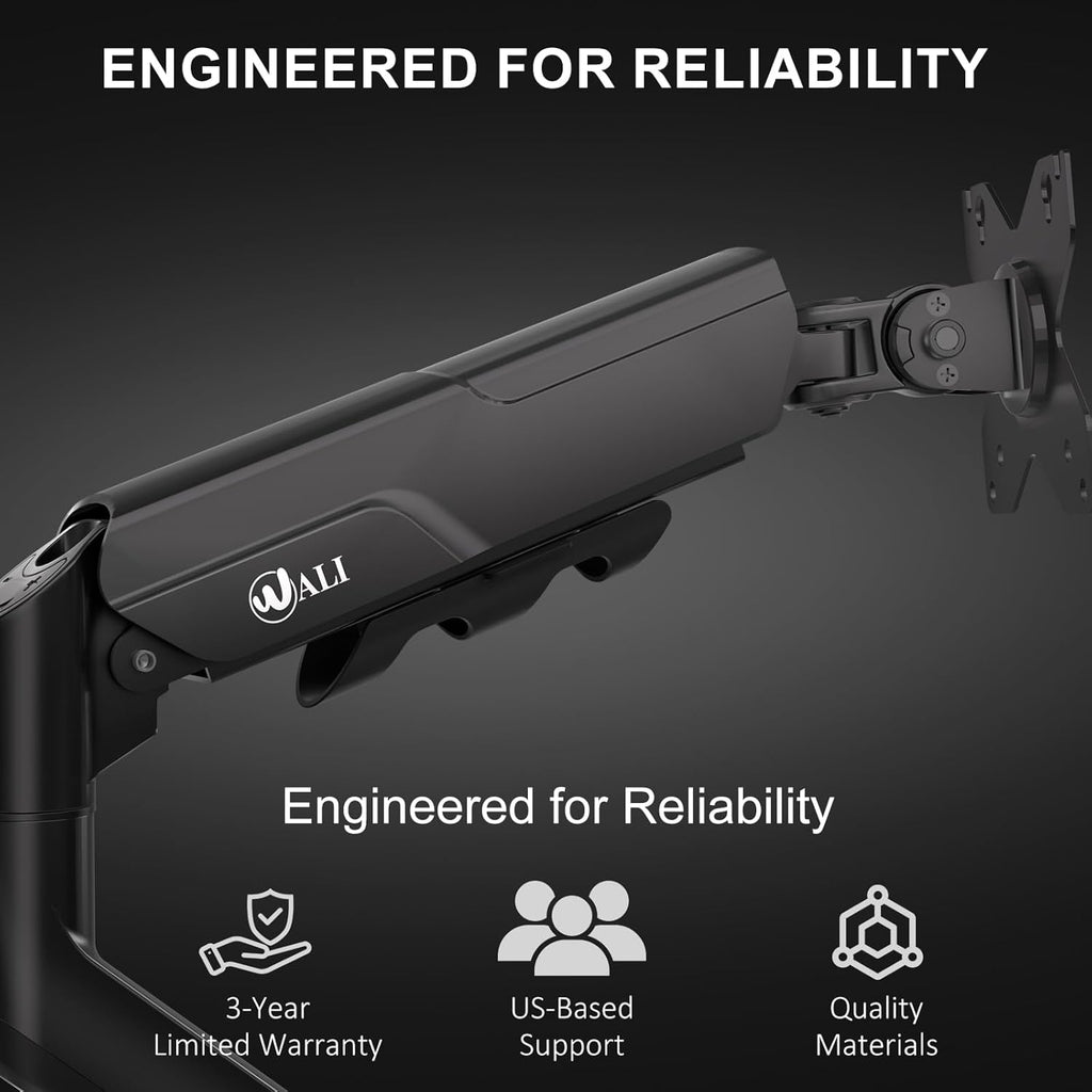 WALI Single Monitor Arm with Desk Mount for 17–49 Inch Screens – Holds Up to 33 lbs, Fully Adjustable VESA Monitor Stand, Heavy Duty Gas Spring for Gaming & Home Office (GSM001XLN)
