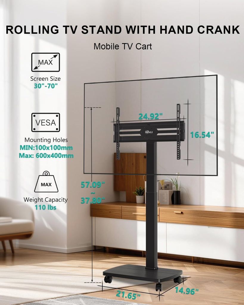 WALI Rolling TV Stand with Hand Crank Lift, Mobile Tall Television Stand Mount on Wheels for 30-70” TVs up to 110 lbs, Swivel Height Adjustable TV Cart with Wood Base for Bedroom(TVDVD-7MR), Black