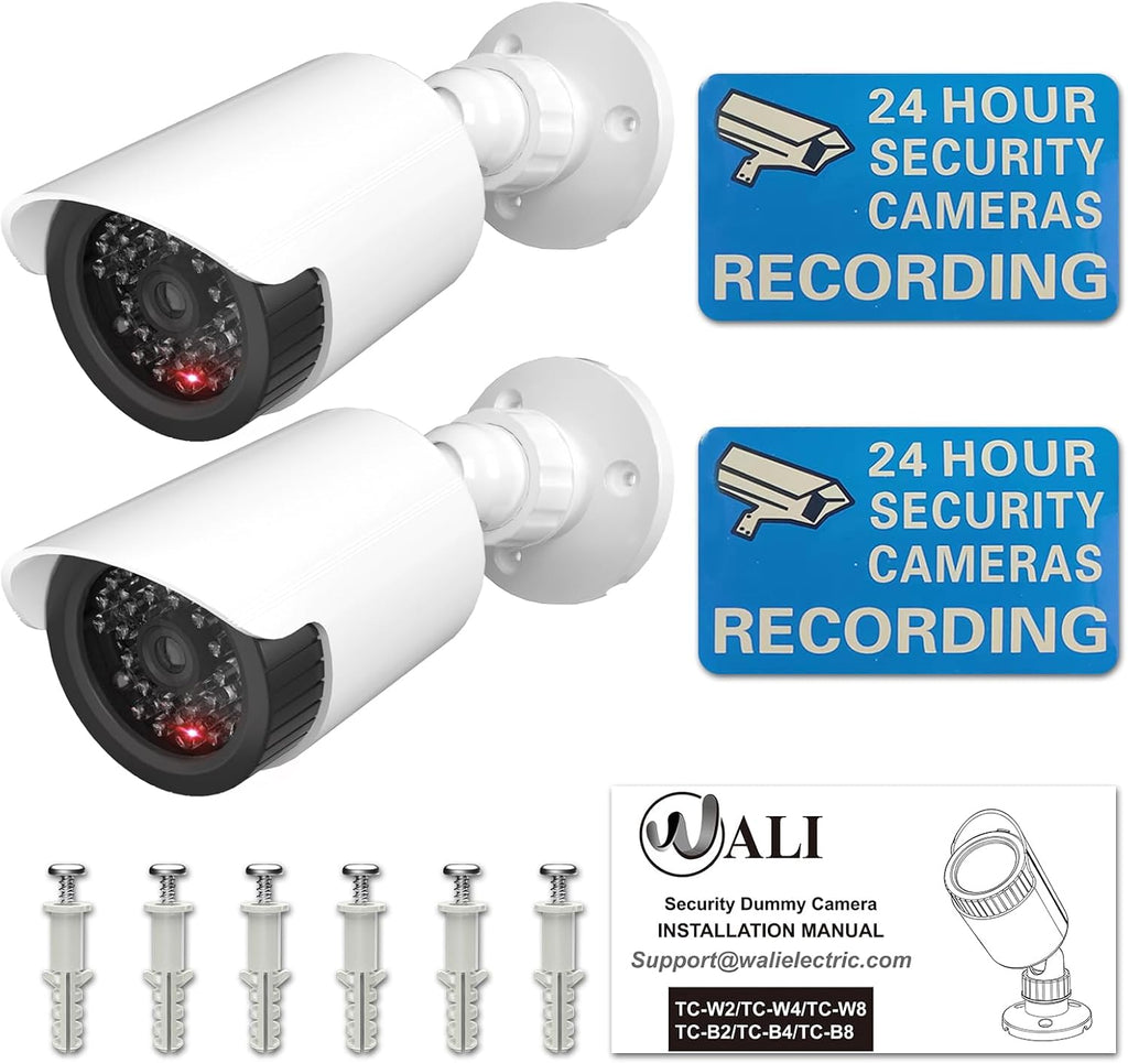 WALI Dummy Fake Camera, Surveillance Security CCTV Dome Camera, Indoor Outdoor Cameras, with One LED Light, Security Alert Sticker Decals (TC-W2), 2 Pack, White