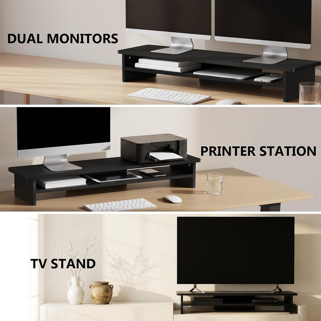 WALI 42 inch Large Wood Dual Monitor Stand Riser with Storage, up to 88lbs | Multi-Purpose Computer Stands, 2 Tier Desktop Organizer Desk Shelf for Home Office PC, Laptop, Printer, TV (WTT001), Black