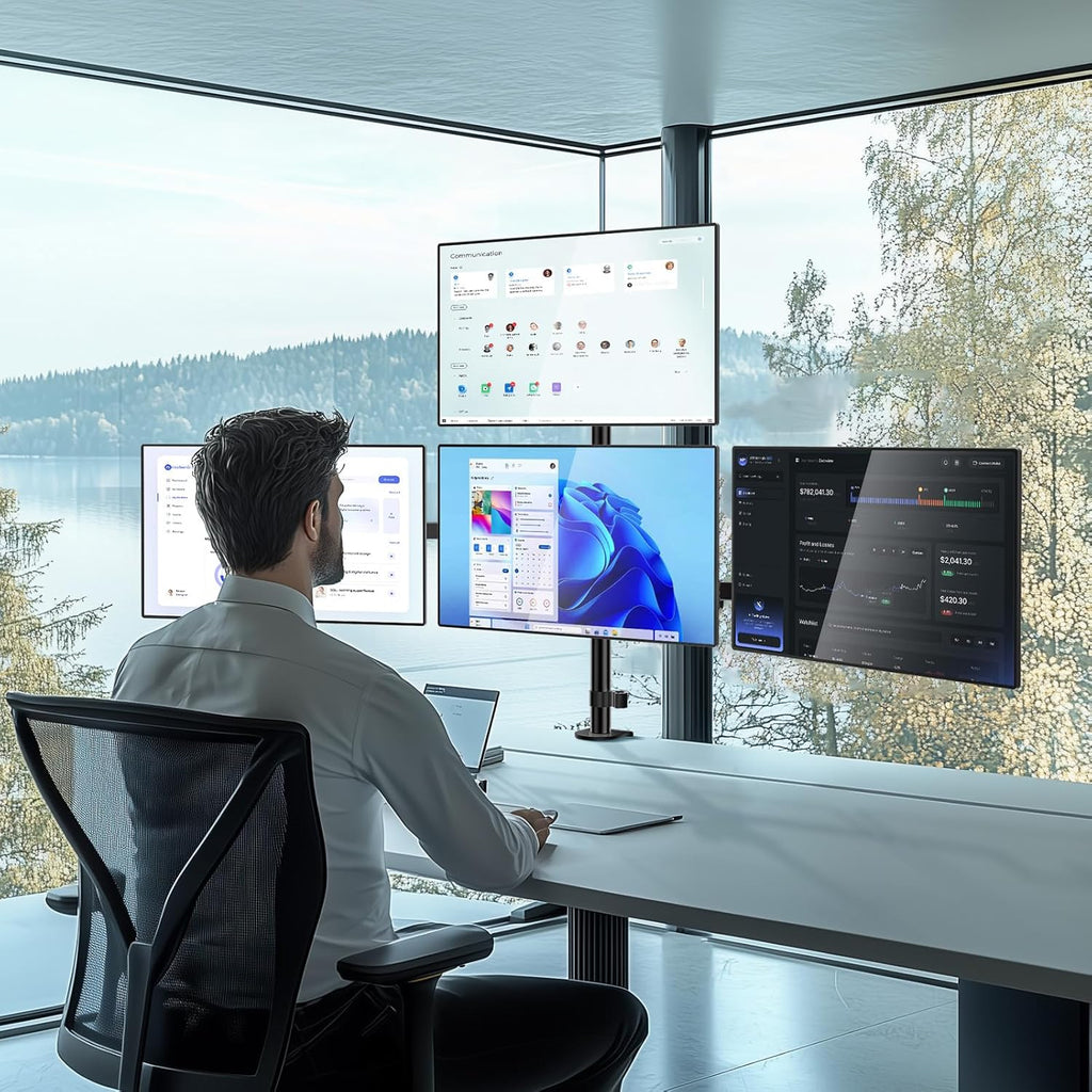 WALI Quad Monitor Mount for 13-27 Inch Screens, Fully Adjustable 4 Monitor Stand with Swivel, Tilt, Rotation, Clamp & Grommet Base Kit, Max Load 22lbs per Screen (M004S), Black