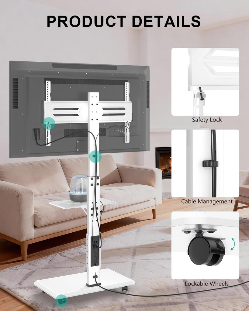 WALI Rolling TV Stand with Power Outlet & AV Shelf, Mobile Tall TV Stand Mount on Wheels for 39-70 inch TV up to 110 lbs, Swivel Height Adjustable TV Cart with Wood Base for Bedroom(TVDVD-6PRW), White