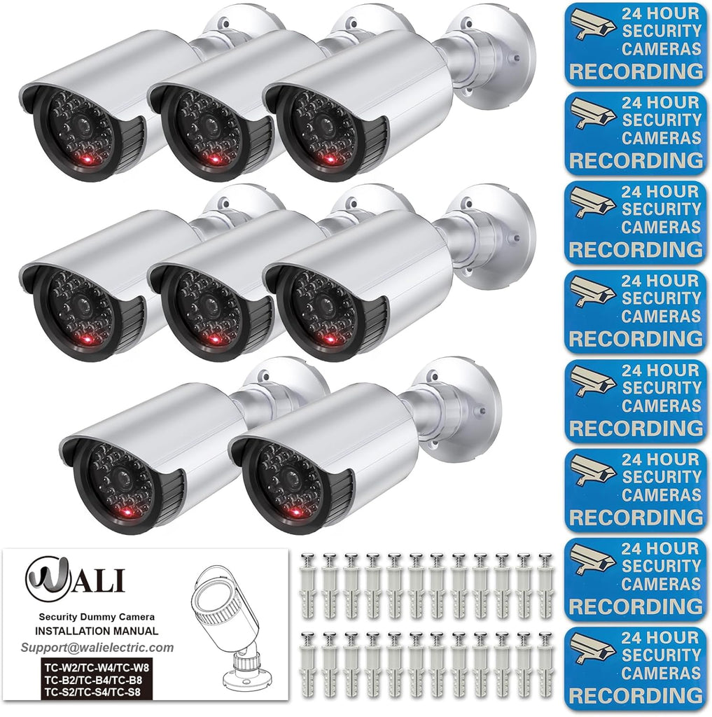 WALI Dummy Fake Simulated Surveillance Security CCTV Dome Camera Indoor Outdoor with One LED Light, Warning Security Alert Sticker Decal (TC-S8), 8 Packs, Silver