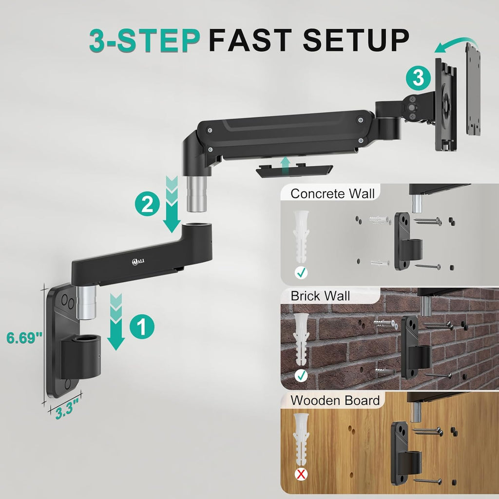 WALI Monitor Wall Mount for 13-49 Inch Ultrawide Screens, Heavy Duty Single Monitor Mount Holds up to 44 lbs, Adjustable Wall Mount Monitor Arm, 75/100mm VESA Mount (GSWM001-P), Black