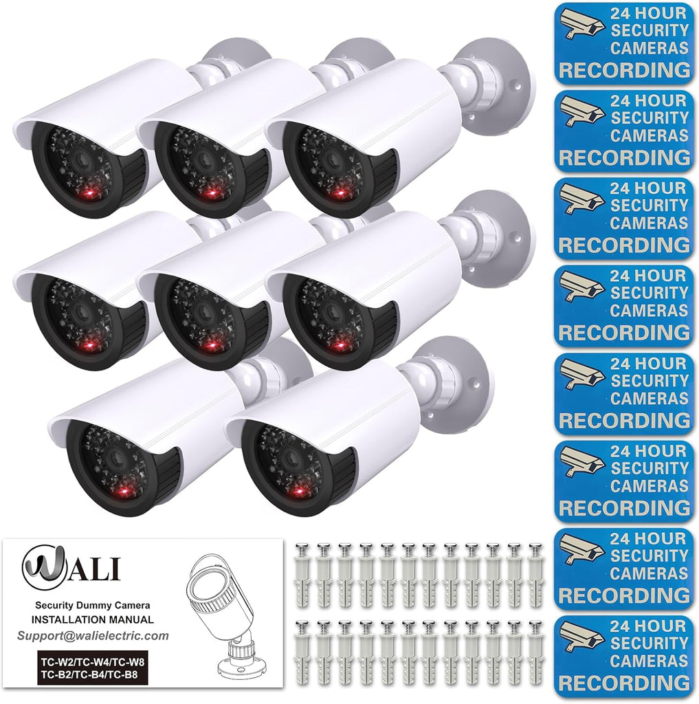 WALI Dummy Fake Simulated Surveillance Security CCTV Dome Camera Indoor Outdoor with One LED Light, Warning Security Alert Sticker Decal (TC-W8), 8 Packs, White