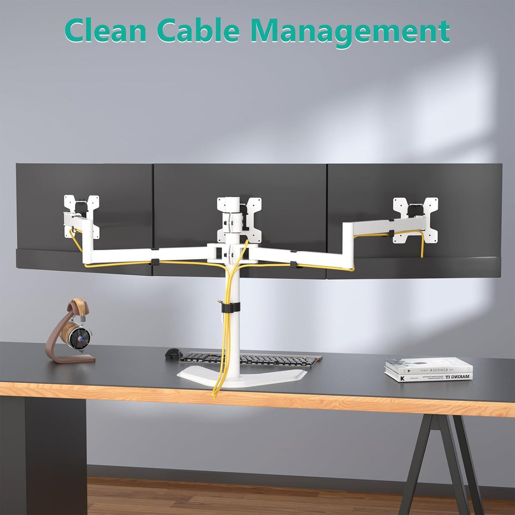 WALI Triple Monitor Stand, Free Standing Three LCD Monitor Fully Adjustable Desk Mount Fits 3 Screens up to 27 inch, 22 lbs Weight Capacity per Arm (MF003-W), White