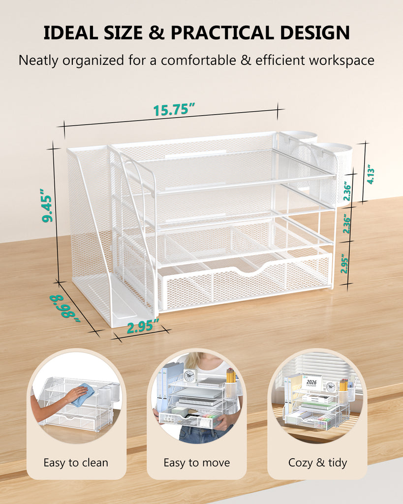 WALI Desk File Organizer, 4 Tier Desktop Paper Letter Tray Organizer with Drawer and 2 Pen Holders, Office Desk Accessories & Workspace Organizers for Office, Home Supplies(DO005DH-W), 1 Pack, White