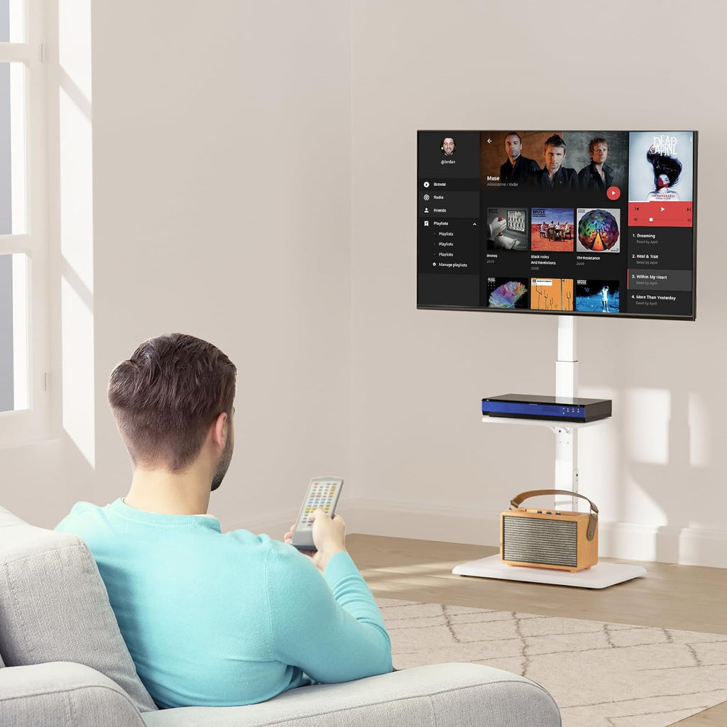 WALI Floor TV Stand with Power Outlet & AV Shelf, Tall TV Stand Mount for 32-75 inch TV up to 110 lbs, Swivel and Height Adjustable TV Stands with Wood Base for Bedroom, Office(TVDVD-6PW), White