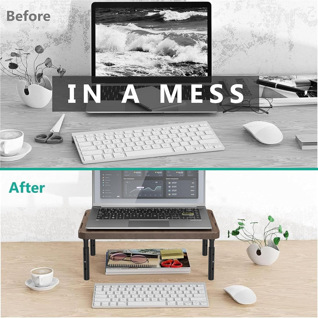 WALI Plastic Computer Monitor Stand, Adjustable Laptop Riser, up to 44 lbs | Desk Monitor Riser Underneath Storage, Fits Notebook, Laptops, Printers, for Home, Office, School(PTT001-C),1 Pack,Brown