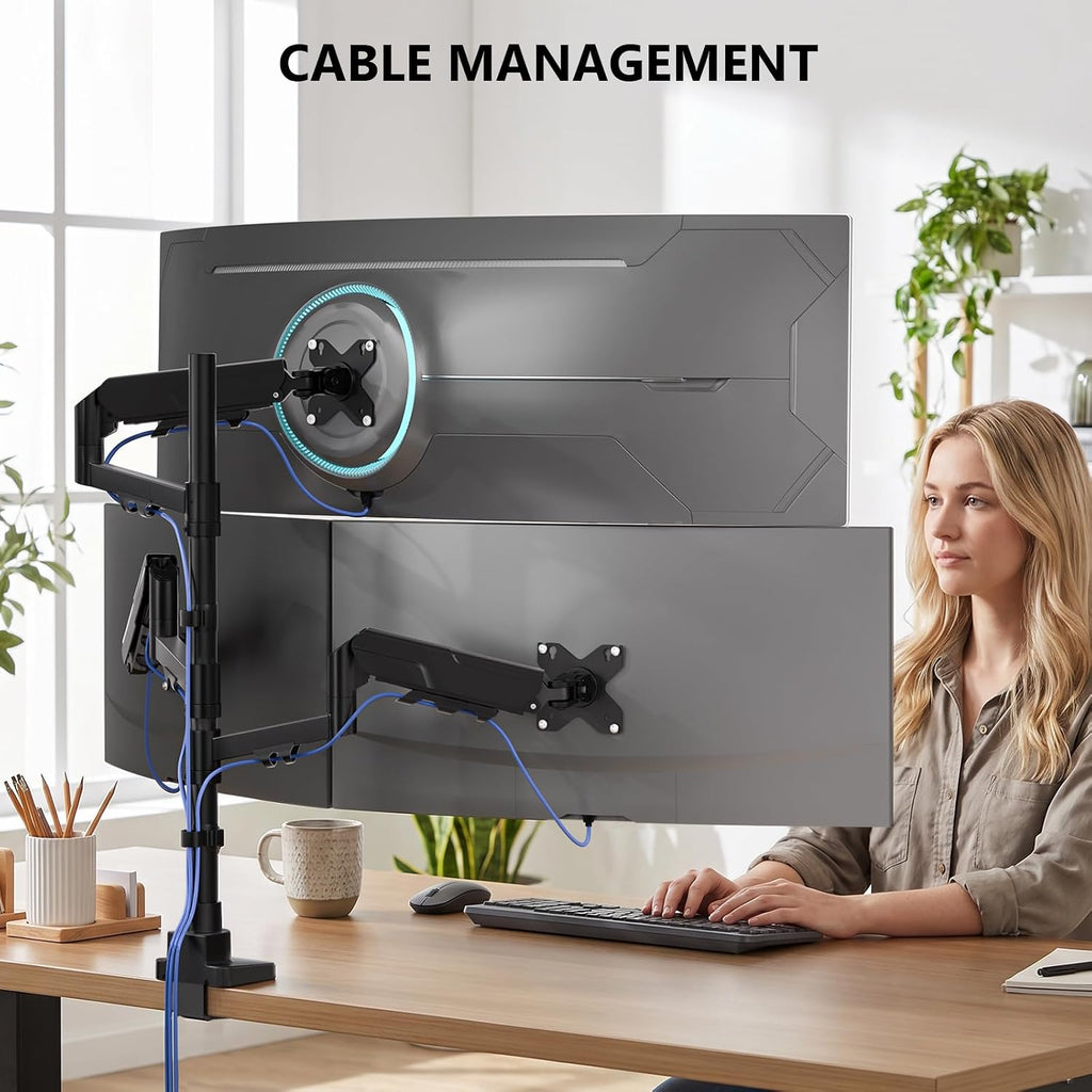 WALI Stacked Triple Monitor Mount for 49" UItrawides and Dual 34" Monitors | Heavy Duty 3 Monitor Arm up to 33 lbs, Full Motion with Tilt, Swivel, Rotation, C-Clamp & Grommet Base, VESA 75/100mm, Black
