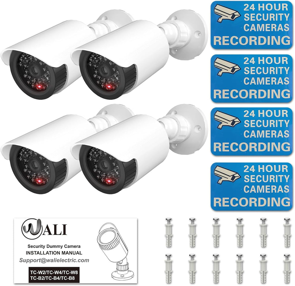 WALI Dummy Fake Simulated Surveillance Security CCTV Dome Camera Indoor Outdoor with One LED Light, Warning Security Alert Sticker Decal (TC-W4), 4 Packs, White