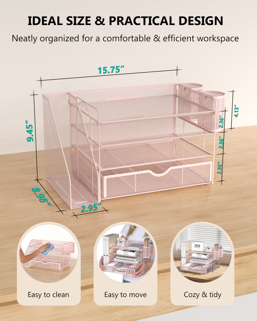 WALI Desk File Organizer, 4 Tier Desktop Paper Letter Tray Organizer with Drawer and 2 Pen Holders, Office Desk Accessories & Workspace Organizers for Office, Home Supplies(DO005DH-P), 1 Pack, Pink
