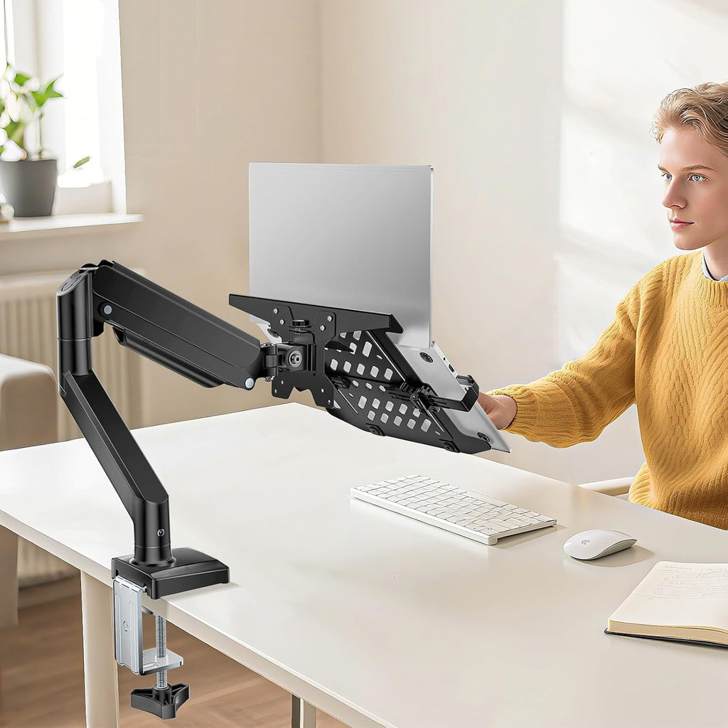 WALI Laptop Desk Mount, 2-in-1 Monitor Mount Fits up to 17” Notebook and 34” Monitors, Laptop Stand for Desk Adjustable Height, Monitor Arm with Laptops Holder, Max Holds 22-26.4lbs(GSMP001LPN), Black