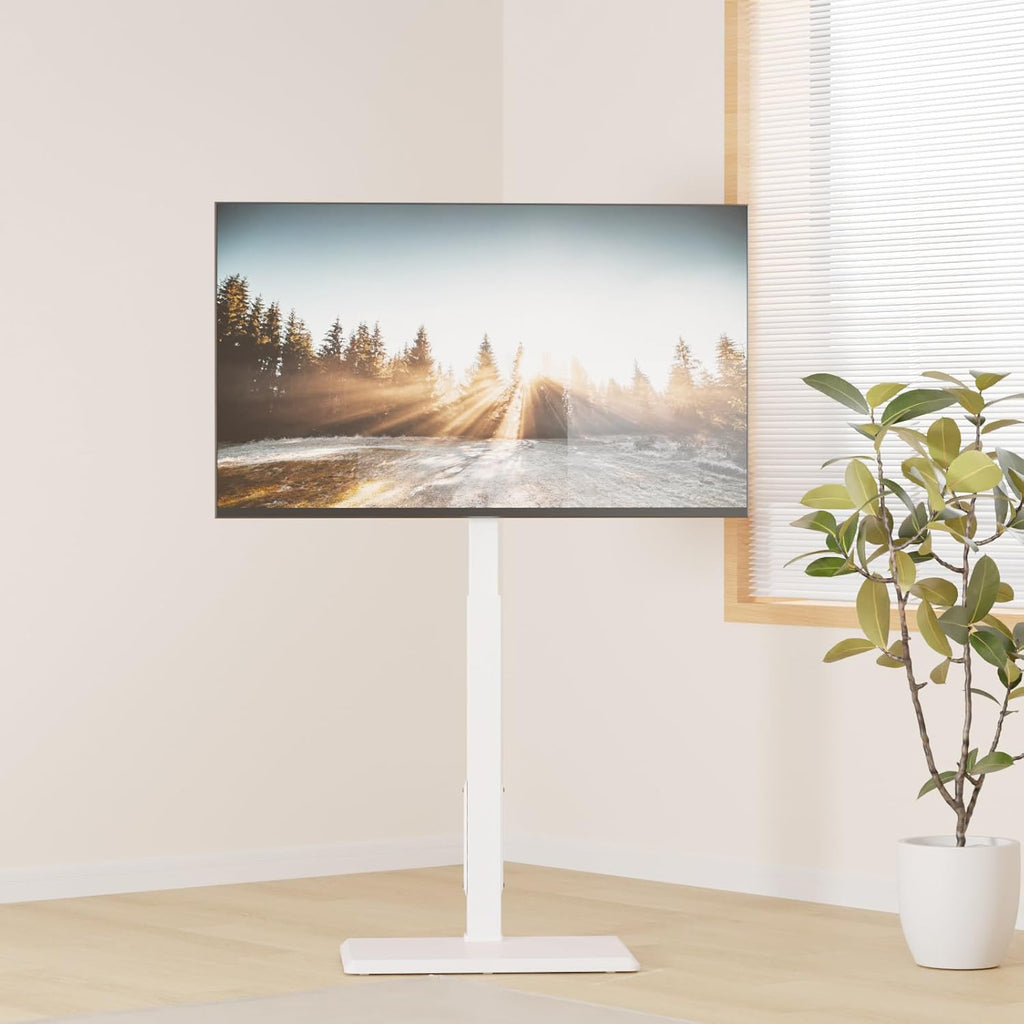 WALI Floor TV Stand with Power Outlet, Tall TV Stand Mount for 32-75 inch TVs up to 110 lbs, Swivel and Height Adjustable TV Stands with Wood Base for Bedroom, Office(TVDVD-7PW), White