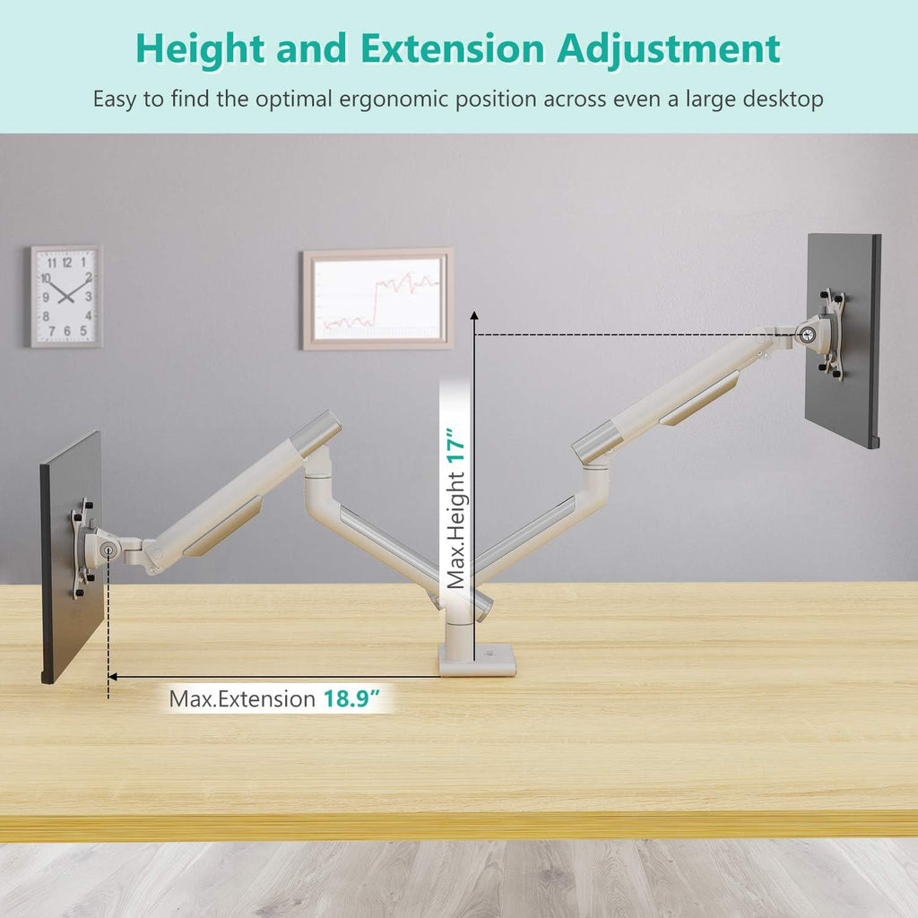 WALI Dual Monitor Stand White Monitor Arms for 2 Monitors, Mechanical Spring Tension Indicator Fully Adjustable Bracket, Up to 32 inch, 22lbs Weight Capacity (MATI002-W), White