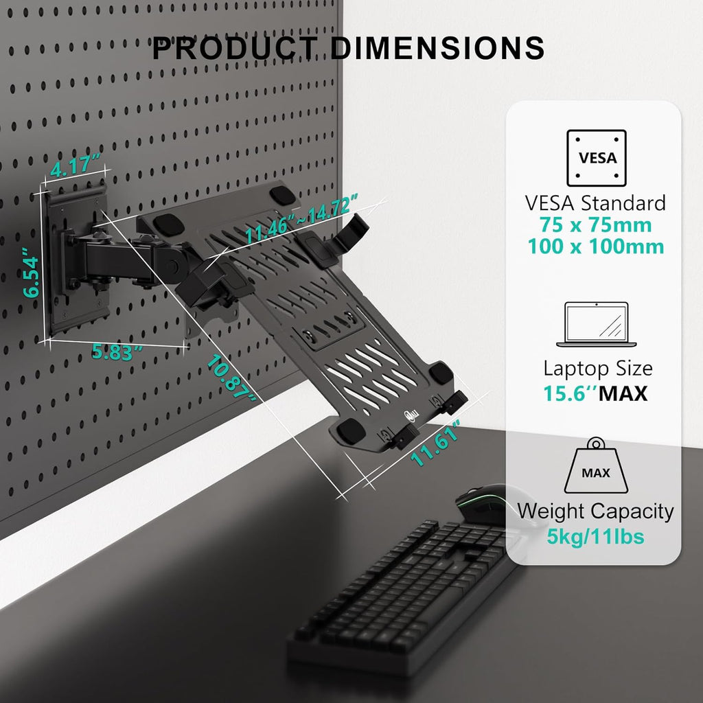 WALI Articulating Pegboard Adjustable Mount for Laptop and Monitor 2 in 1 with Vented Tray, Fits 1" Hole Spacing & Up to 1/4" Hole Diameter, Supports Laptop or Monitor Under 8.8lbs, PM00LP, Black