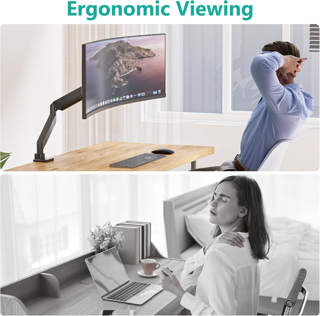 WALI Ultrawide Monitor Arm for 13 to 49 Inch Heavy Duty Curved Screens, Holds 33 Lbs, Adjustable Gas Spring Single Monitor Desk Mount with C-Clamp, Grommet Base, 75x75/100x100 VESA, (GSM001XL), Black