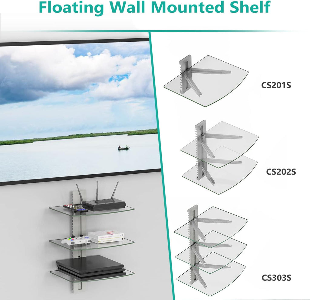 WALI Floating Entertainment Center Shelves, Holds Up to 17.6lbs, TV Shelf with Strengthened Tempered Glasses for DVD Players, Cable Boxes, Games Consoles, TV Accessories (CS303S), 3 Shelf, Silver