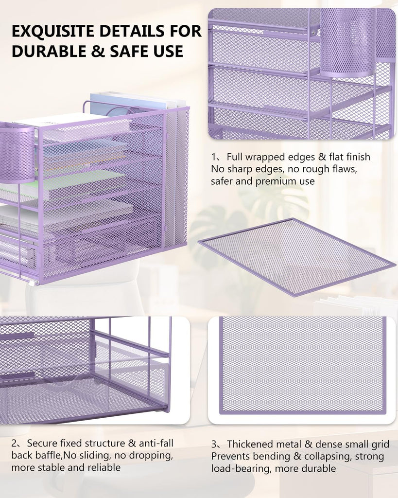 WALI Desk File Organizer, 5 Tier Desktop Paper Letter Tray Organizer with Drawer and 2 Pen Holders, Office Desk Accessories & Workspace Organizers for Office, Home Supplies(DO006DH-V), 1 Pack, Purple