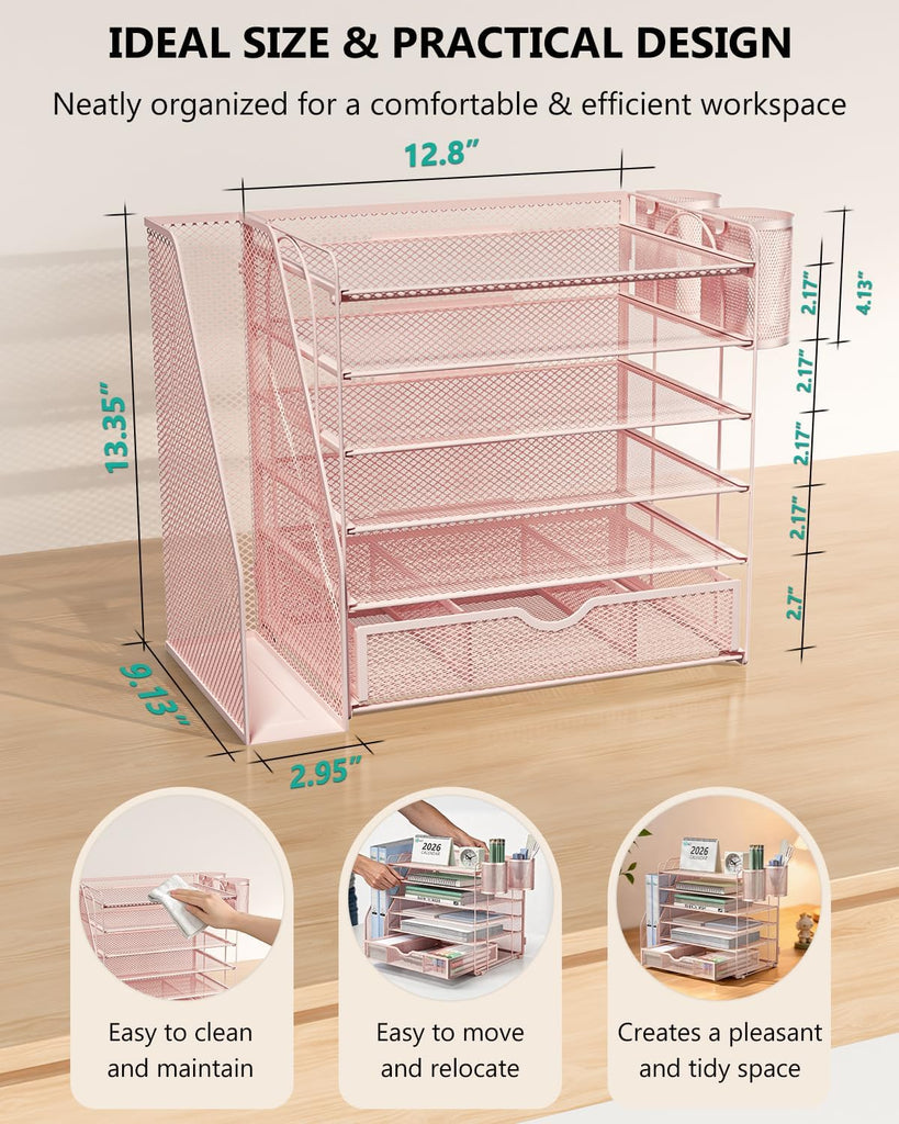 WALI Desk File Organizer, 6 Tier Desktop Paper Letter Tray Organizer with Drawer and 2 Pen Holders, Office Desk Accessories & Workspace Organizers for Office, Home Supplies(DO007DH-P), 1 Pack, Pink