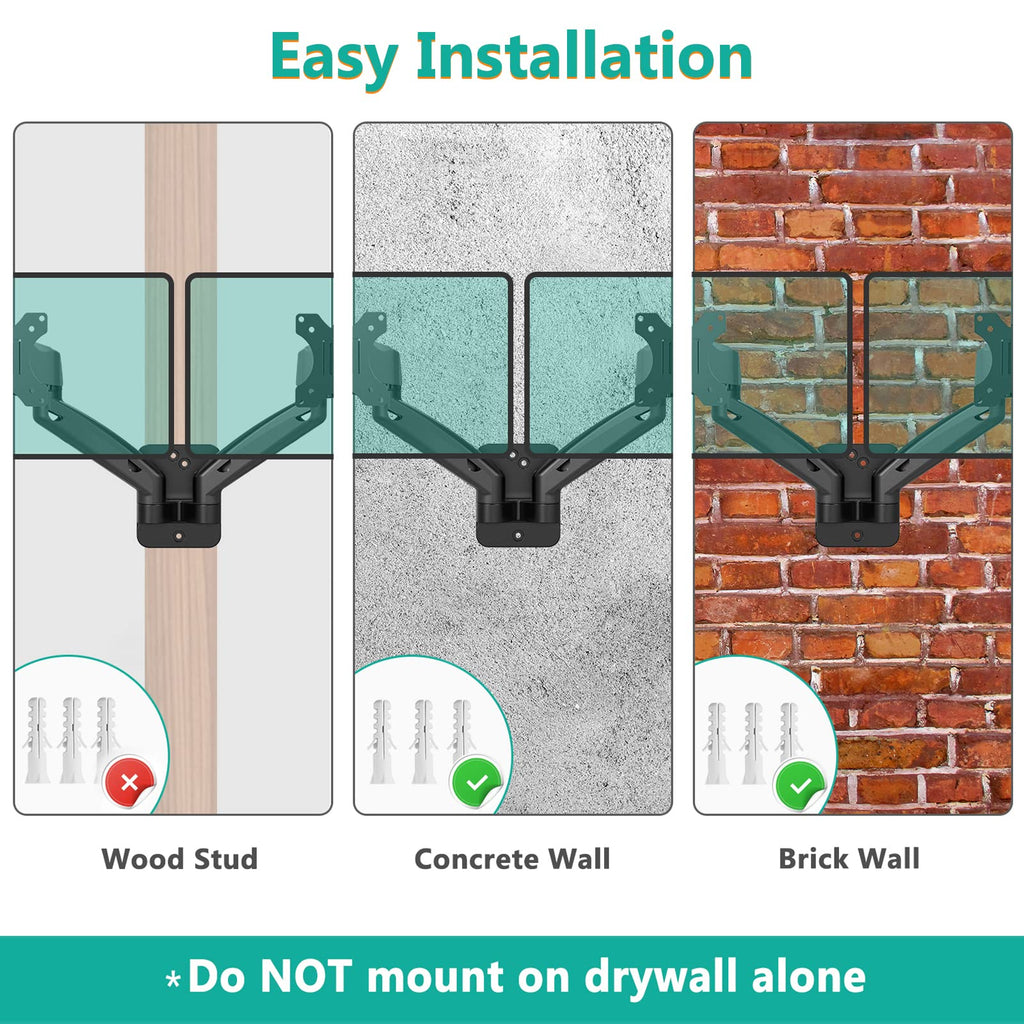 WALI Dual Monitor Wall Mount, Gas Spring Monitor Arm for 2 Screens up to 32 inch, 22 lbs. Fully Adjustable Arm Mounting Holes up to 100 x 100 (GSWM002), Black