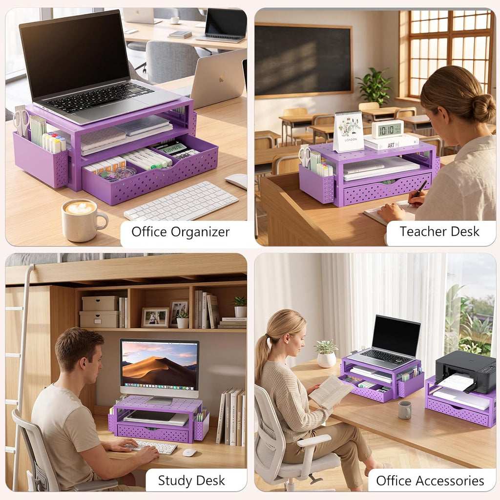 WALI Desk Organizer with Drawer and Pen Holder, 3 Tier Computer Monitor Stand for Home Office Supplies, Laptop Stand Riser for Computer, Laptop, Printer(PTT004-V), 1 Pack, Purple