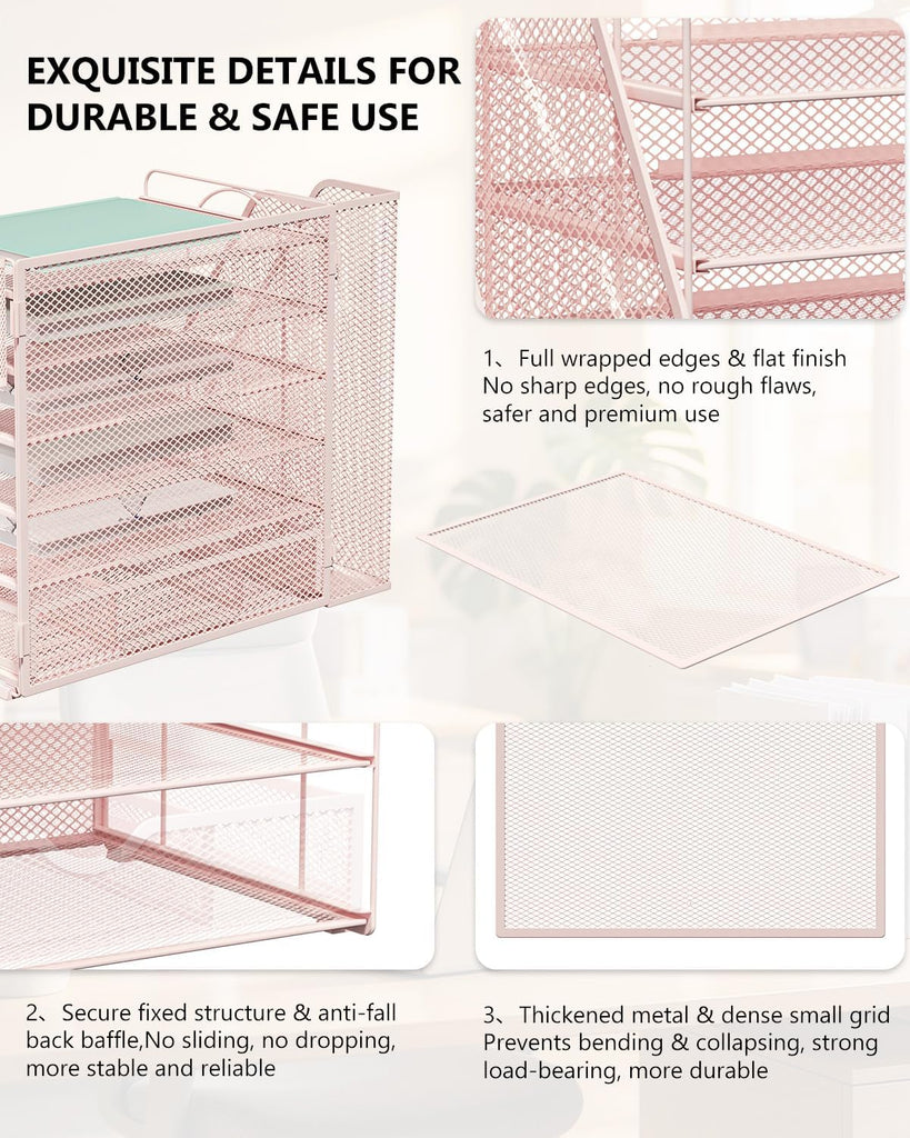 WALI Desk File Organizer, 6 Tier Desktop Paper Letter Tray Organizer with Drawer and 2 Pen Holders, Office Desk Accessories & Workspace Organizers for Office, Home Supplies(DO007DH-P), 1 Pack, Pink