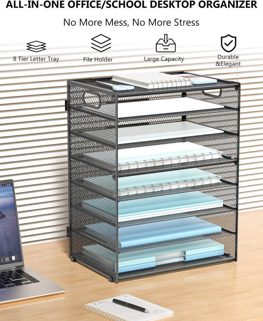 WALI Desk File Organizer, 8 Tier Desktop Paper Letter Tray Organizer with Handle, Office Desk Accessories & Workspace Organizers for Office, Home, School Supplies, 1 Pack, Black