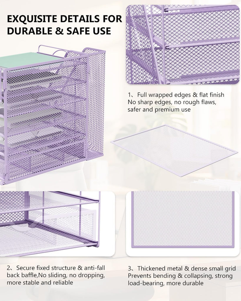 WALI Desk File Organizer, 6 Tier Desktop Paper Letter Tray Organizer with Drawer and 2 Pen Holders, Office Desk Accessories & Workspace Organizers for Office, Home Supplies(DO007DH-V), 1 Pack, Purple