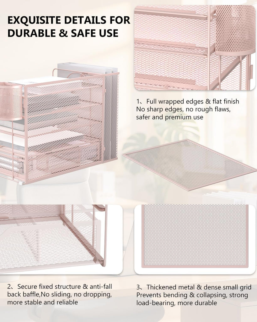 WALI Desk File Organizer, 5 Tier Desktop Paper Letter Tray Organizer with Drawer and 2 Pen Holders, Office Desk Accessories & Workspace Organizers for Office, Home Supplies(DO006DH-P), 1 Pack, Pink