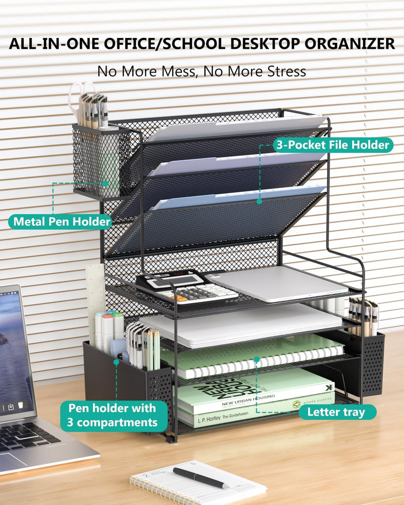 WALI Desk File Organizer, 7 Tier Desktop Paper Letter Tray Organizer with Drawer and 3 Pen Holders, Office Desk Accessories & Workspace Organizers for Office, Home, School Supplies, 1 Pack, Black