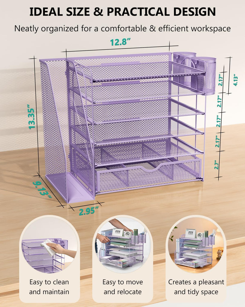 WALI Desk File Organizer, 6 Tier Desktop Paper Letter Tray Organizer with Drawer and 2 Pen Holders, Office Desk Accessories & Workspace Organizers for Office, Home Supplies(DO007DH-V), 1 Pack, Purple
