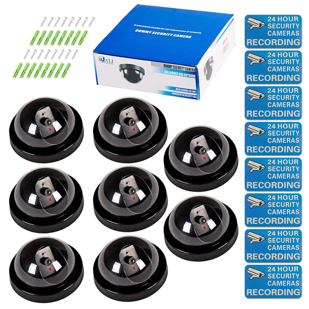WALI Dummy Fake Security CCTV Dome Camera with Flashing Red LED Light with Security Alert Sticker Decals (SD-8), 8 Packs, Black
