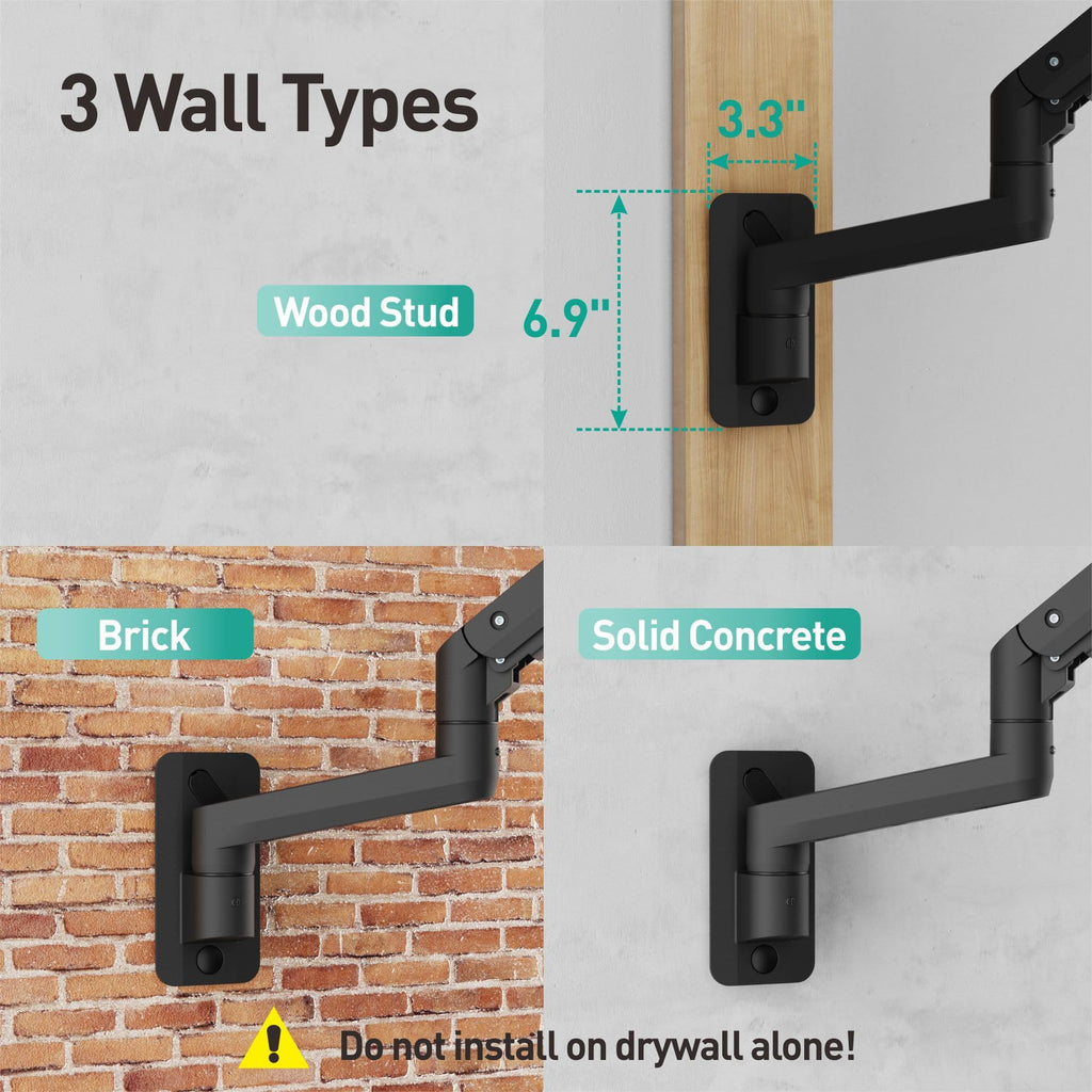 WALI Single Monitor Wall Mount, Heavy Duty Monitor Arm for Ultrawide Screens up to 49 inch, 44 lbs. Fully Adjustable Gas Spring Arm Max Extension 16.7 inch (GSWM001XL-P), Black