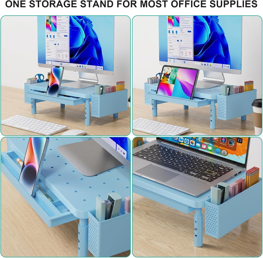 WALI Computer Monitor Stand with Storage and Pen Holder 3 Height Adjustable Desk Organizer with Drawer, Desk Laptop Monitor Riser for Computer, Printer(PTT003-S), 1 Pack, Blue
