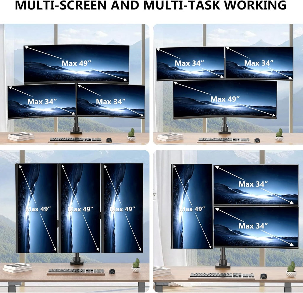 WALI Stacked Triple Monitor Mount for 49" UItrawides and Dual 34" Monitors | Heavy Duty 3 Monitor Arm up to 33 lbs, Full Motion with Tilt, Swivel, Rotation, C-Clamp & Grommet Base, VESA 75/100mm, Black