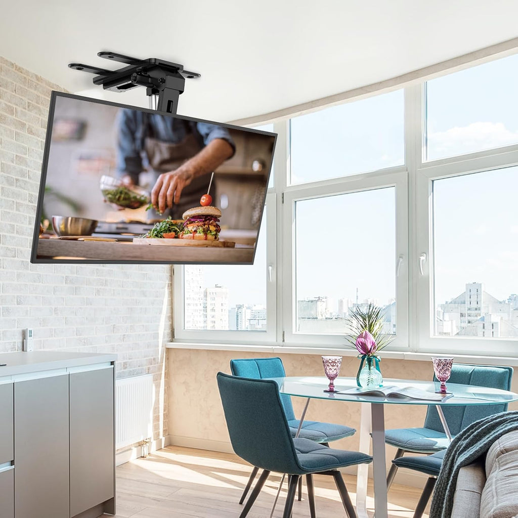 WALI Electric Ceiling TV Mount for 37 to 75 inch Screens, Flip Down Motorized TV Mount with Remote, Flat and Curved TVs Up to 99 Lbs, Pitched Roof, Max Mounting Holes 600x400mm (FCM604A), Black