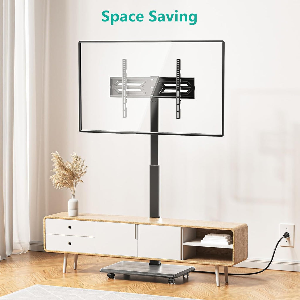 WALI Floor TV Stand with Power Outlet, Rolling Tall TV Stand Mount with Wheels for 32-75 inch TV up to 110 lbs, Swivel Height Adjustable TV Cart with Wood Base for Bedroom(TVDVD-7PR), Black