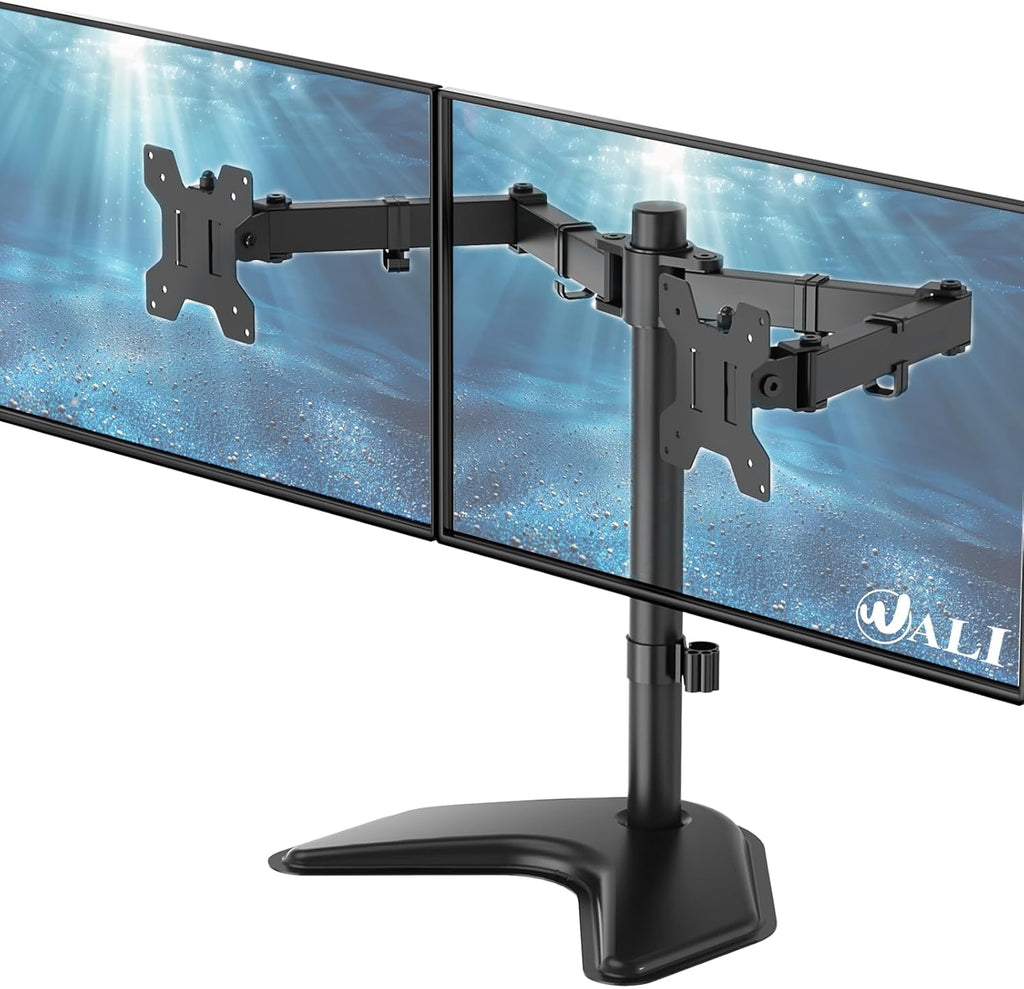WALI Dual Monitor Stand, Freestanding Full Motion Monitor Desk Mount Fits 2 Screens up to 27 inches, Dual Monitors Arm Fits up to 22lbs, VESA 75x75 100x100 (MF002LM), Black